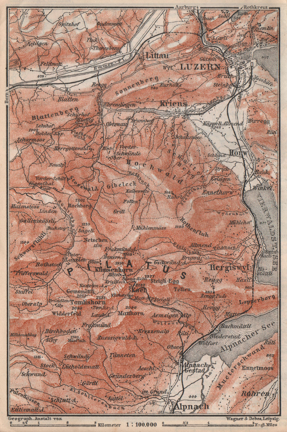 PILATUS. Luzern Lucerne Kriens Alpnach Hergiswil. Topo-map. Schweiz 1897