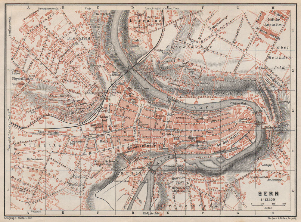 BERN BERNE. town city stadtplan. Switzerland Suisse Schweiz. BAEDEKER 1897 map