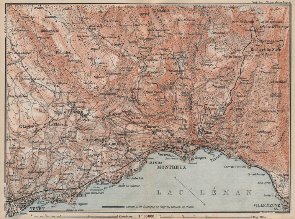 MONTREAUX AREA. Vevey Villneuve. Topo-map. Switzerland Suisse Schweiz 1897