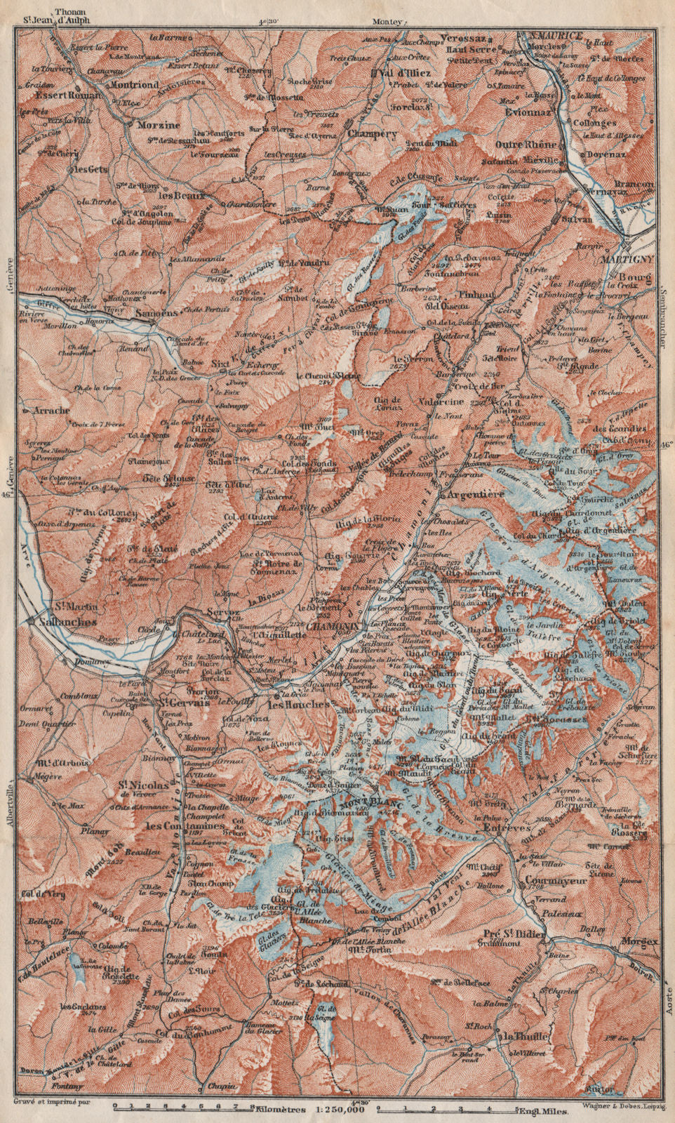 MONT BLANC. Chamonix Courmayeur Argentière Morzine St Gervais Megève 1897 map