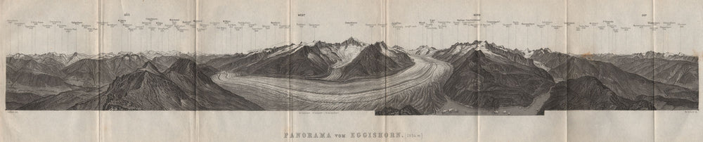 EGGISHORN PANORAMA Aletschhorn Glacier Nesthorn Mont Blanc Leone Eiger 1897 map