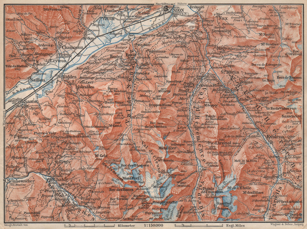 Area south of SION. Verbier Riddes Nendaz Veysonnaz Hérens Entremont 1897 map