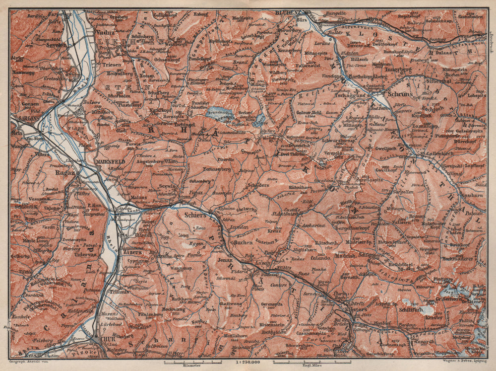 BAD RAGAZ PRÄTIGAU MONTAFON ENVIRONS. Wangs Rätikon Bludenz Maienfeld 1897 map