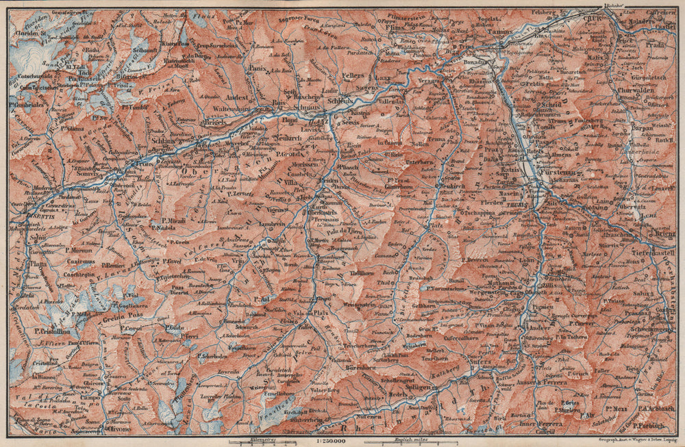 VORDER-RHEINTHAL. Flims Laax Chur Obersaxen Tamins Brigels Thusis 1897 old map