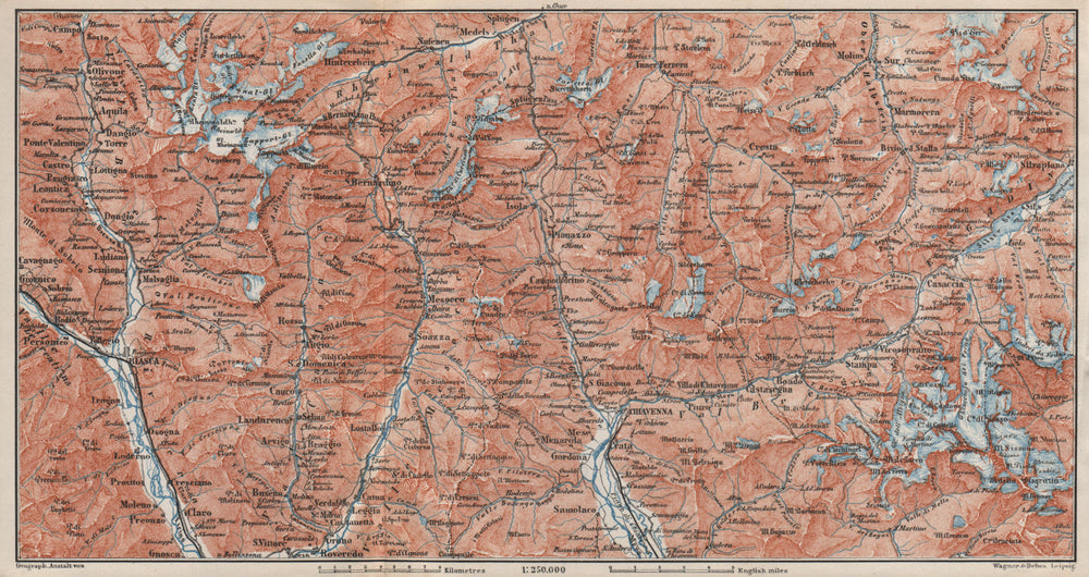 LUKMANIER to MALOJA.Sils Maria Bivio Madesimo Chiavenna San Bernardino 1897 map