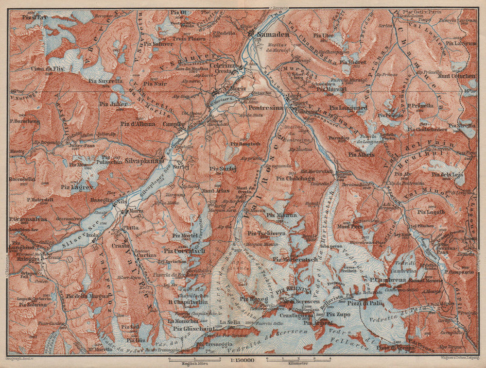 UPPER ENGADINE. St Moritz Celerina Pontresina Sils-Maria Bernina Range 1897 map
