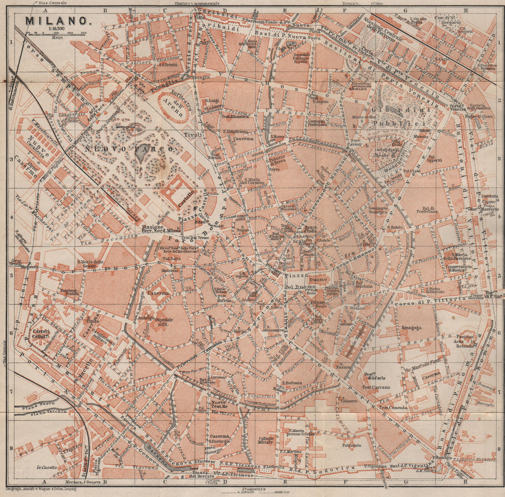 MILAN MILANO. town city plan piano urbanistico. Italy mappa. BAEDEKER 1897