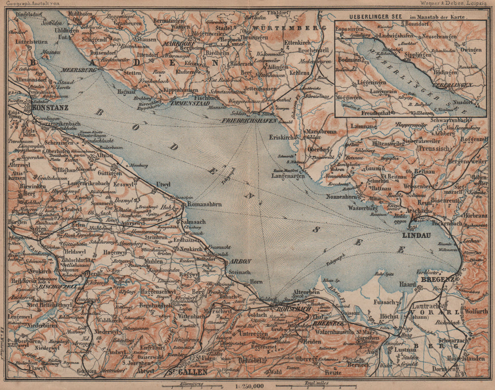 LAKE CONSTANCE inset LINDAU. Konstanz St Gallen Bregenz. Topo-map 1899 old