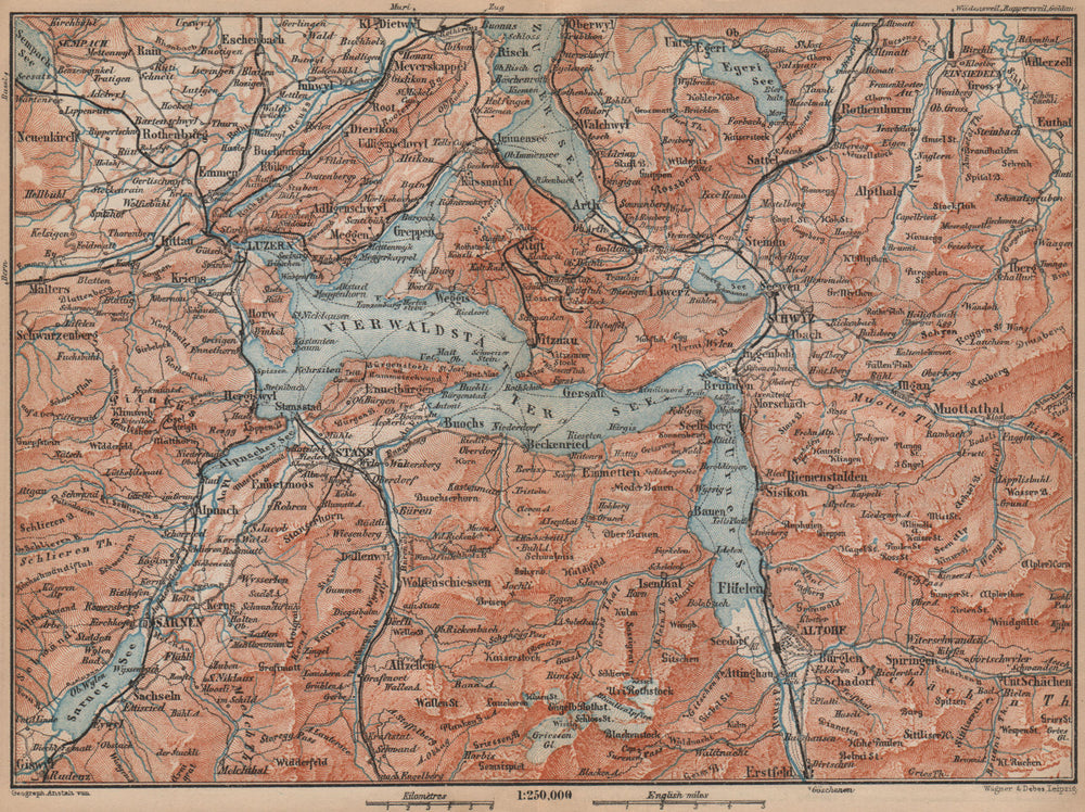 LAKE LUCERNE. Vierwaldstättersee. Luzern Engelberg Sarnen Altorf Stanz 1899 map