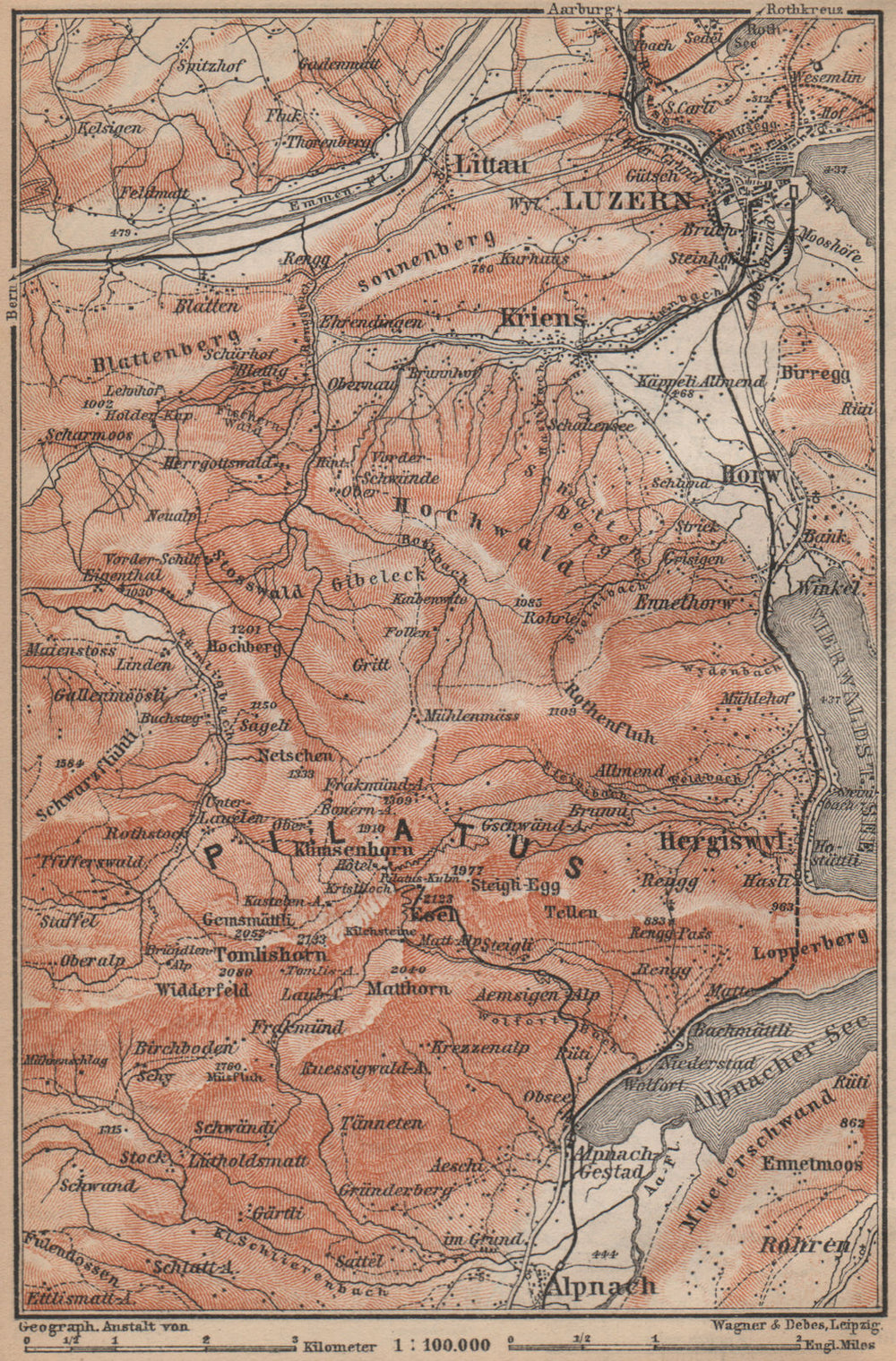 PILATUS. Luzern Lucerne Kriens Alpnach Hergiswil. Topo-map. Schweiz 1899