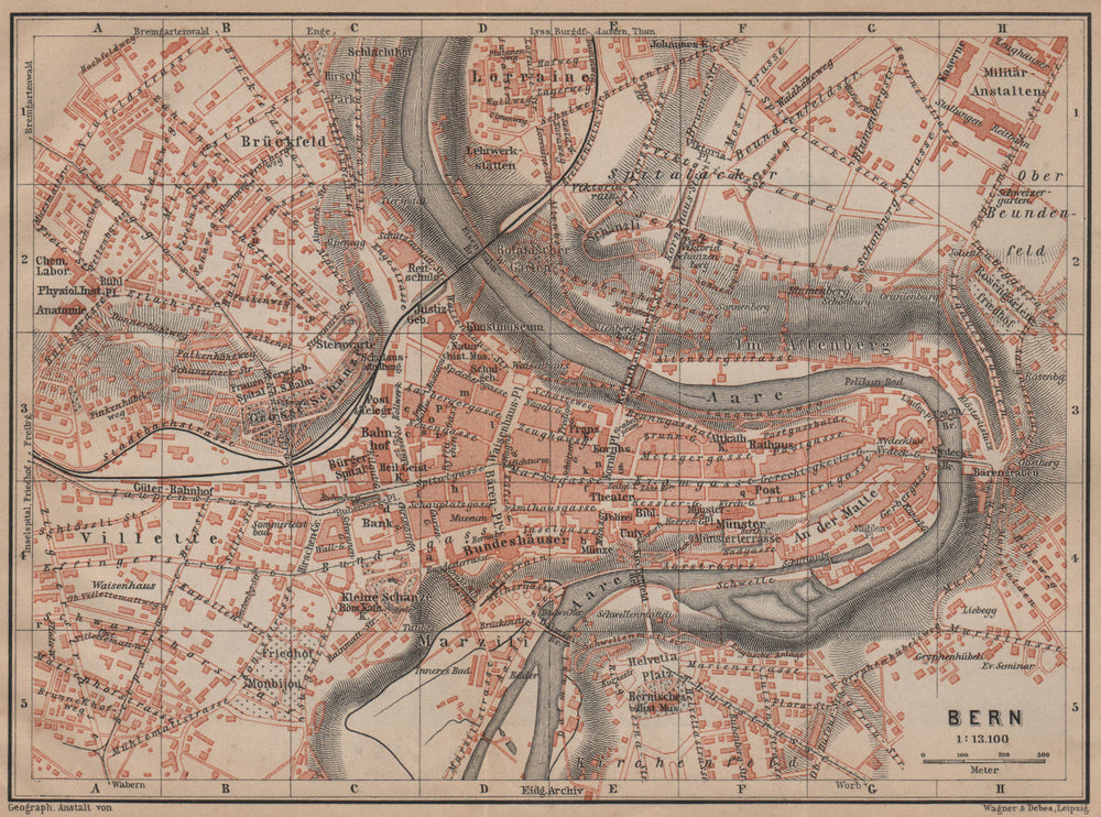 BERN BERNE. town city stadtplan. Switzerland Suisse Schweiz. BAEDEKER 1899 map