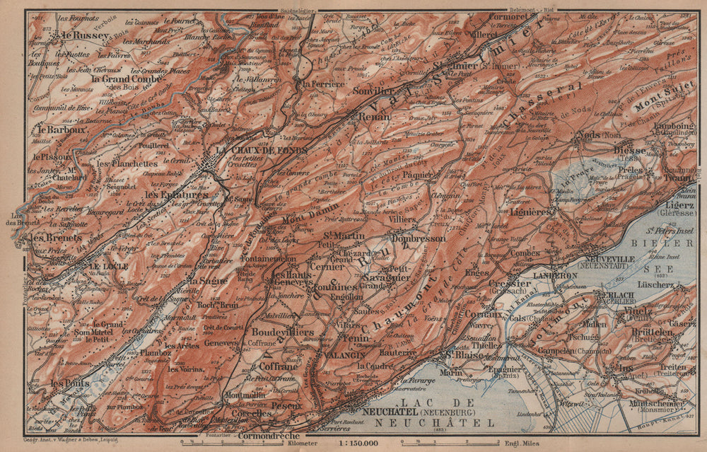 NORTH WEST JURA. Neuchâtel La Chaux de Fonds Neuveville. Topo-map 1899 old