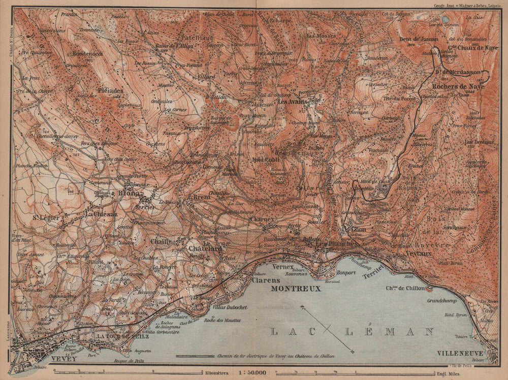 MONTREAUX AREA. Vevey Villneuve. Topo-map. Switzerland Suisse Schweiz 1899