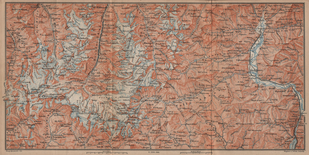 VALAIS/PENNINE ALPS.Zermatt Saas-Fee/Grund/Almagell Breuil Domodossala 1899 map
