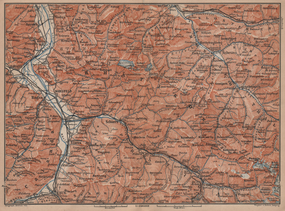 BAD RAGAZ PRÄTIGAU MONTAFON ENVIRONS. Wangs Rätikon Bludenz Maienfeld 1899 map