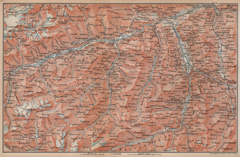 VORDER-RHEINTHAL. Flims Laax Chur Obersaxen Tamins Brigels Thusis 1899 old map