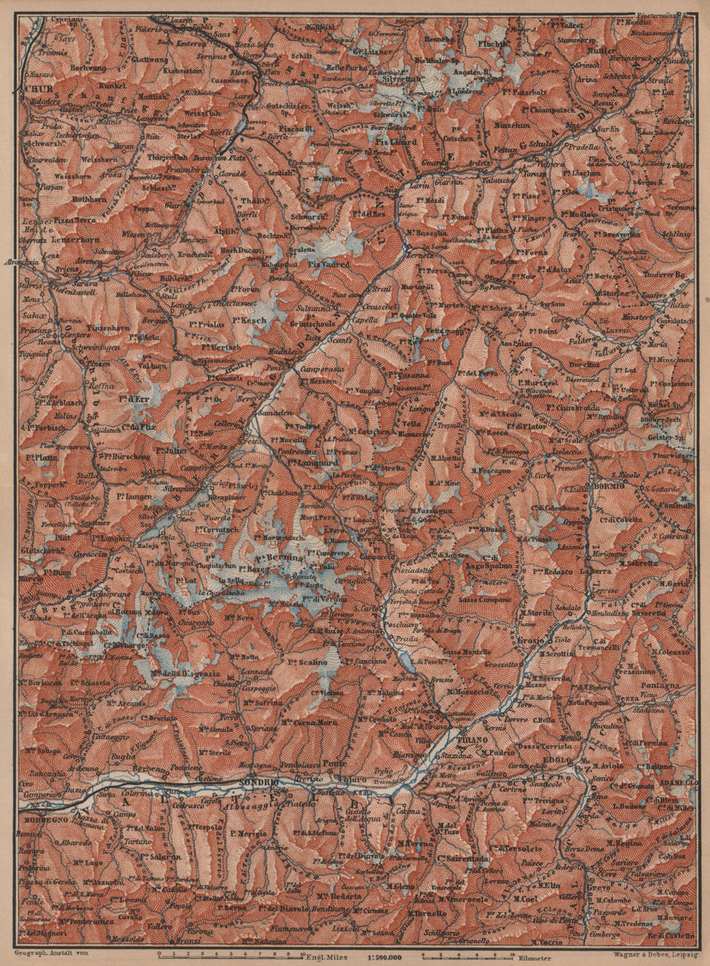 ENGADINE/VAL TELLINA. Davos Arosa Sils Bormio Livigno Sondrio Chur 1899 map