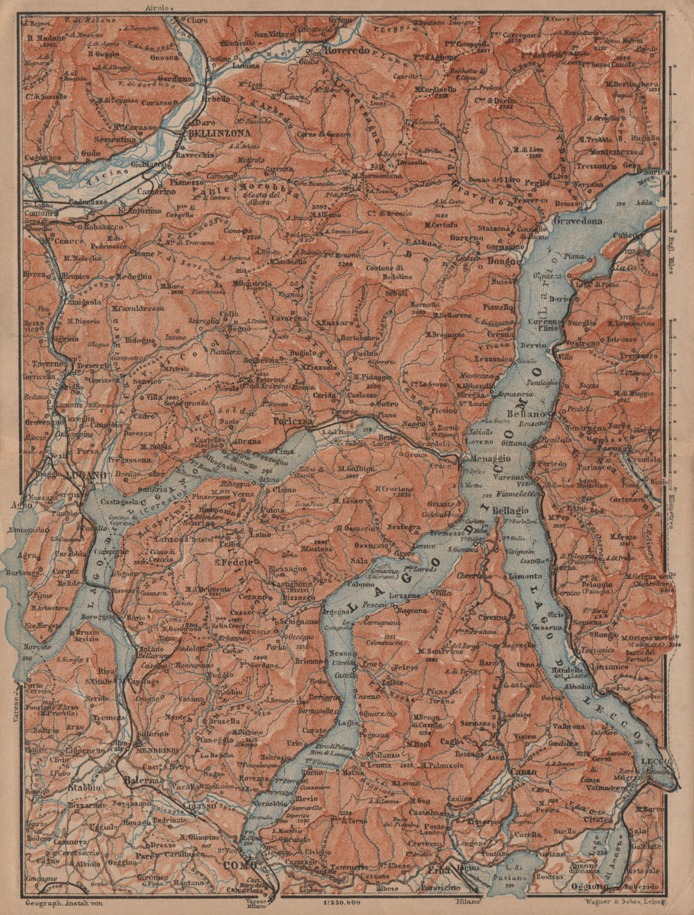 LAKES/LAGO DI COMO & LUGANO. Lecco Bellinzona. Topo-map. Italy mappa 1899