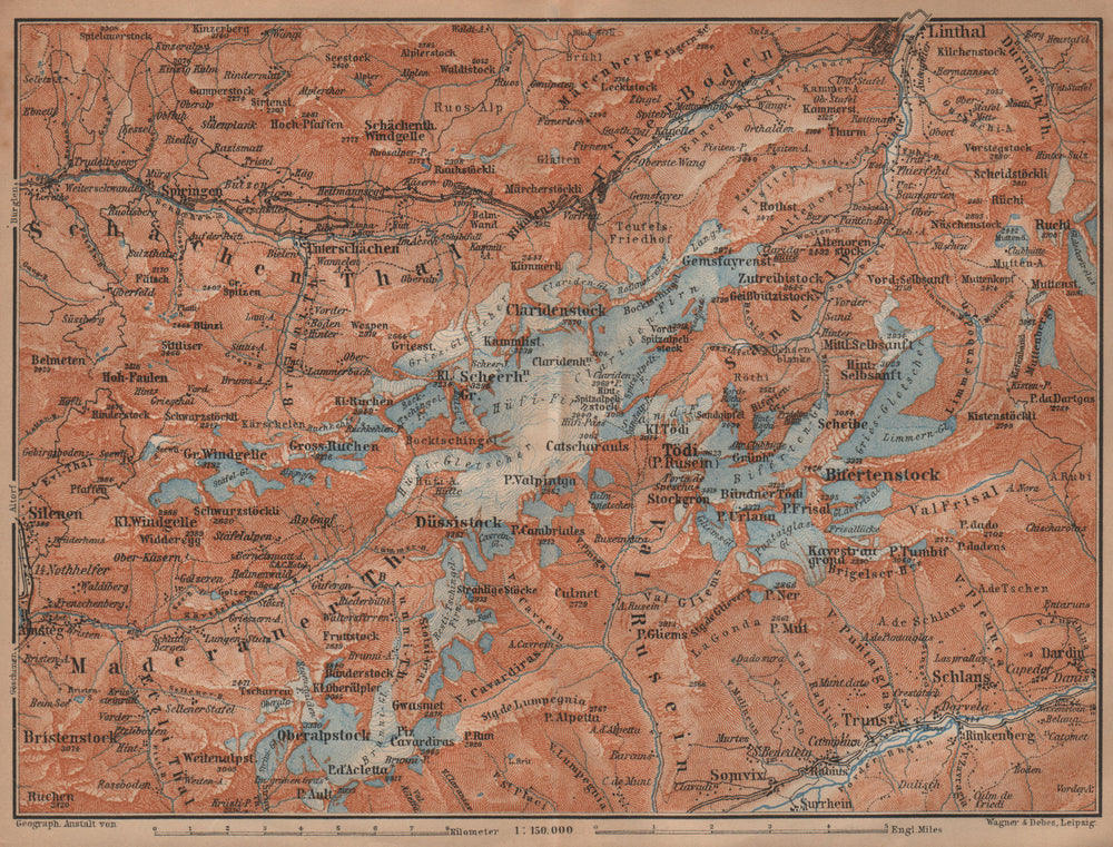 TÖDI DISTRICT. Glarus Alps Linththal Bifertenstock Claridenstock 1901 old map