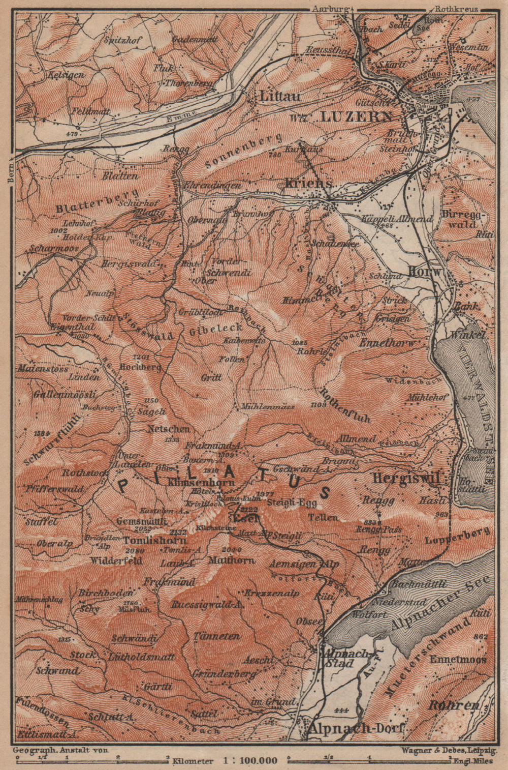 PILATUS. Luzern Lucerne Kriens Alpnach Hergiswil. Topo-map. Schweiz 1901