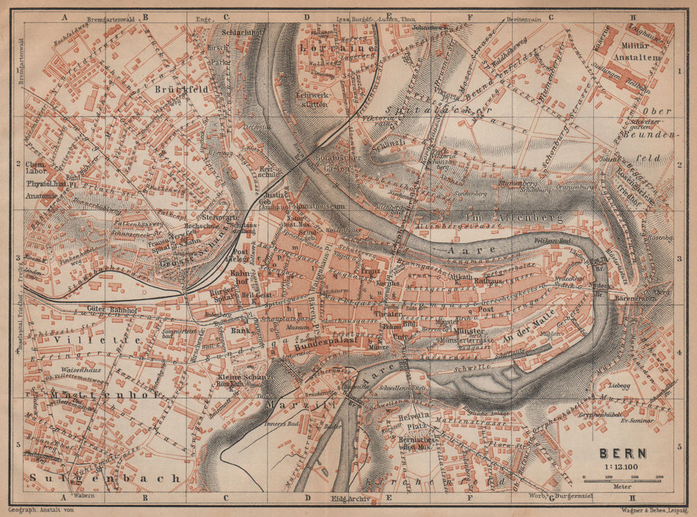 BERN BERNE. town city stadtplan. Switzerland Suisse Schweiz. BAEDEKER 1901 map