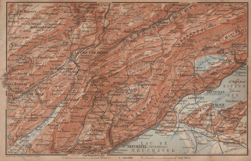 NORTH WEST JURA. Neuchâtel La Chaux de Fonds Neuveville. Topo-map 1901 old