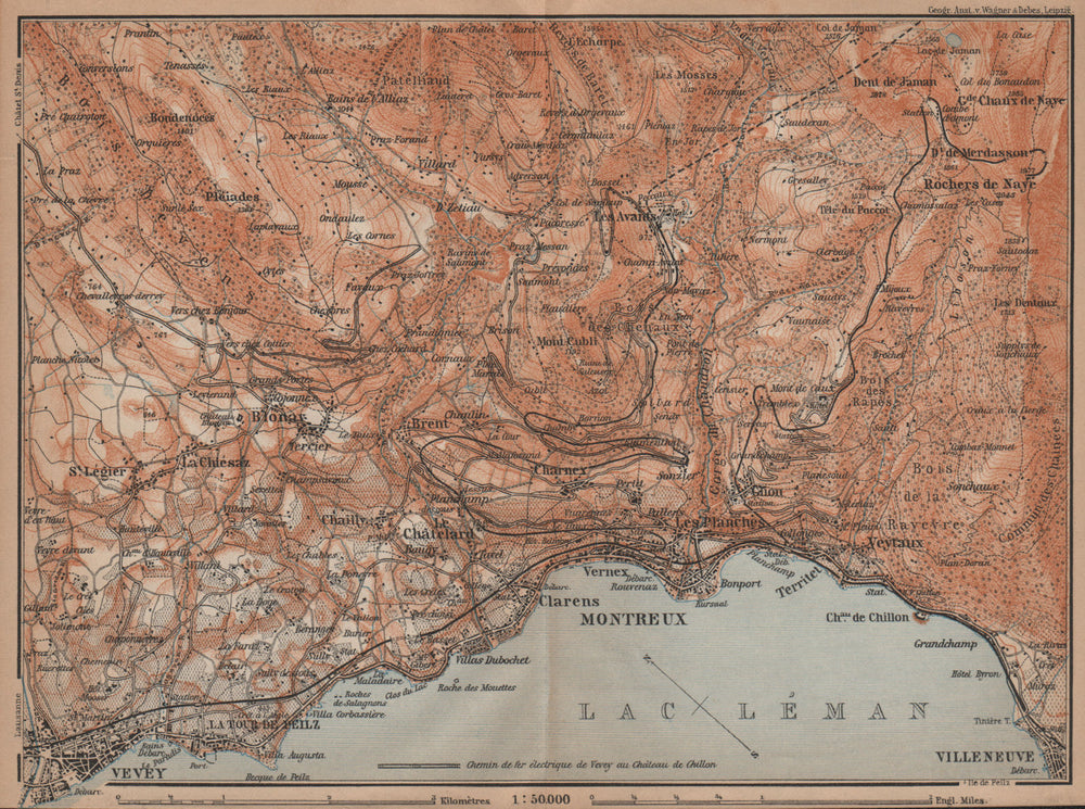 MONTREAUX AREA. Vevey Villneuve. Topo-map. Switzerland Suisse Schweiz 1901