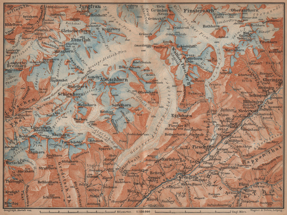 ALETSCHHORN DISTRICT. Fiesch Mörel Jungfrau Nesthorn Grengiols 1901 old map