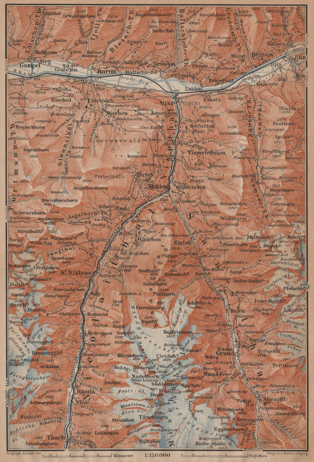 STALDEN/SAAS-FEE AREA. Mischabel Group Grächen Dom Raron Randa Visp 1901 map