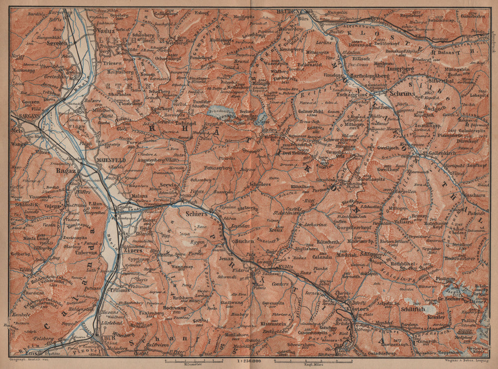 BAD RAGAZ PRÄTIGAU MONTAFON ENVIRONS. Wangs Rätikon Bludenz Maienfeld 1901 map