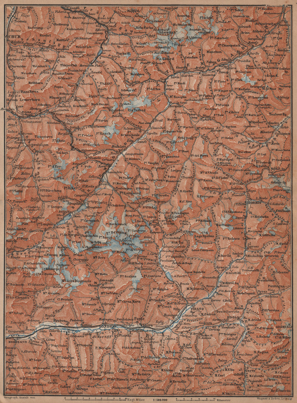 ENGADINE/VAL TELLINA. Davos Arosa Sils Bormio Livigno Sondrio Chur 1901 map