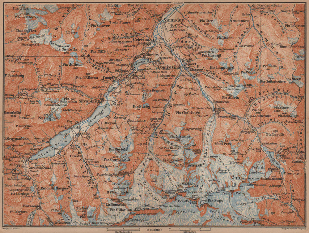 UPPER ENGADINE. St Moritz Celerina Pontresina Sils-Maria Bernina Range 1901 map