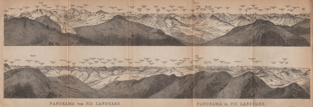 PIZ LANGUARD PANORAMA. Bernina Roseg Monte Rosa Mont Blanc Cristallo 1901 map