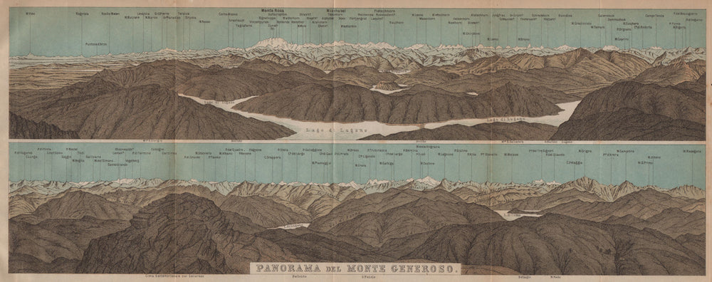 MONTE GENEROSO PANORAMA. Lugano Como Maggiore Rosa Mischabel Disgrazia 1901 map