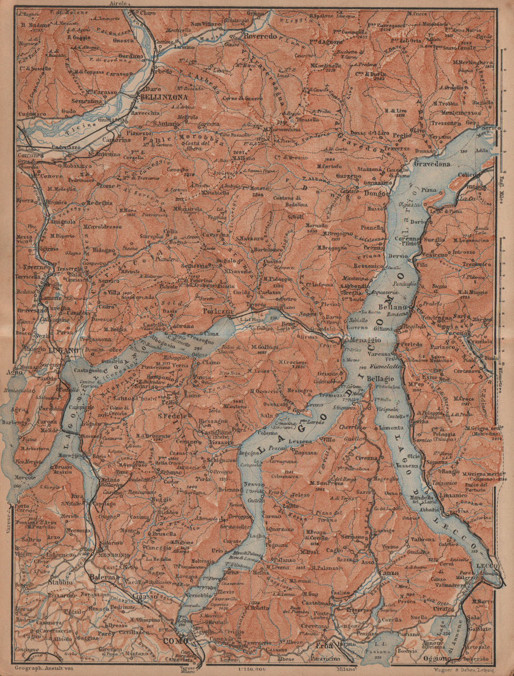LAKES/LAGO DI COMO & LUGANO. Lecco Bellinzona. Topo-map. Italy mappa 1901