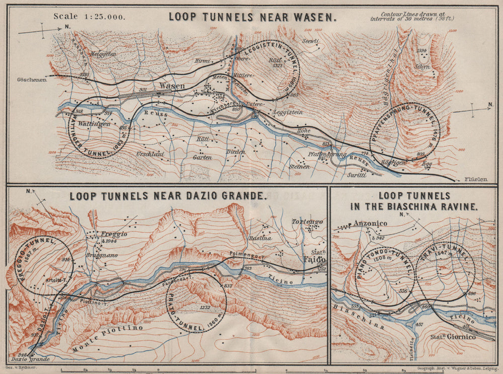 ST GOTTHARD RAILWAY SPIRAL/LOOP TUNNELS Wassen Freggio Prato Biaschina 1905 map