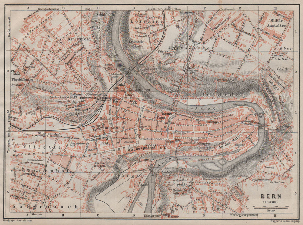 BERN BERNE. town city stadtplan. Switzerland Suisse Schweiz. BAEDEKER 1905 map