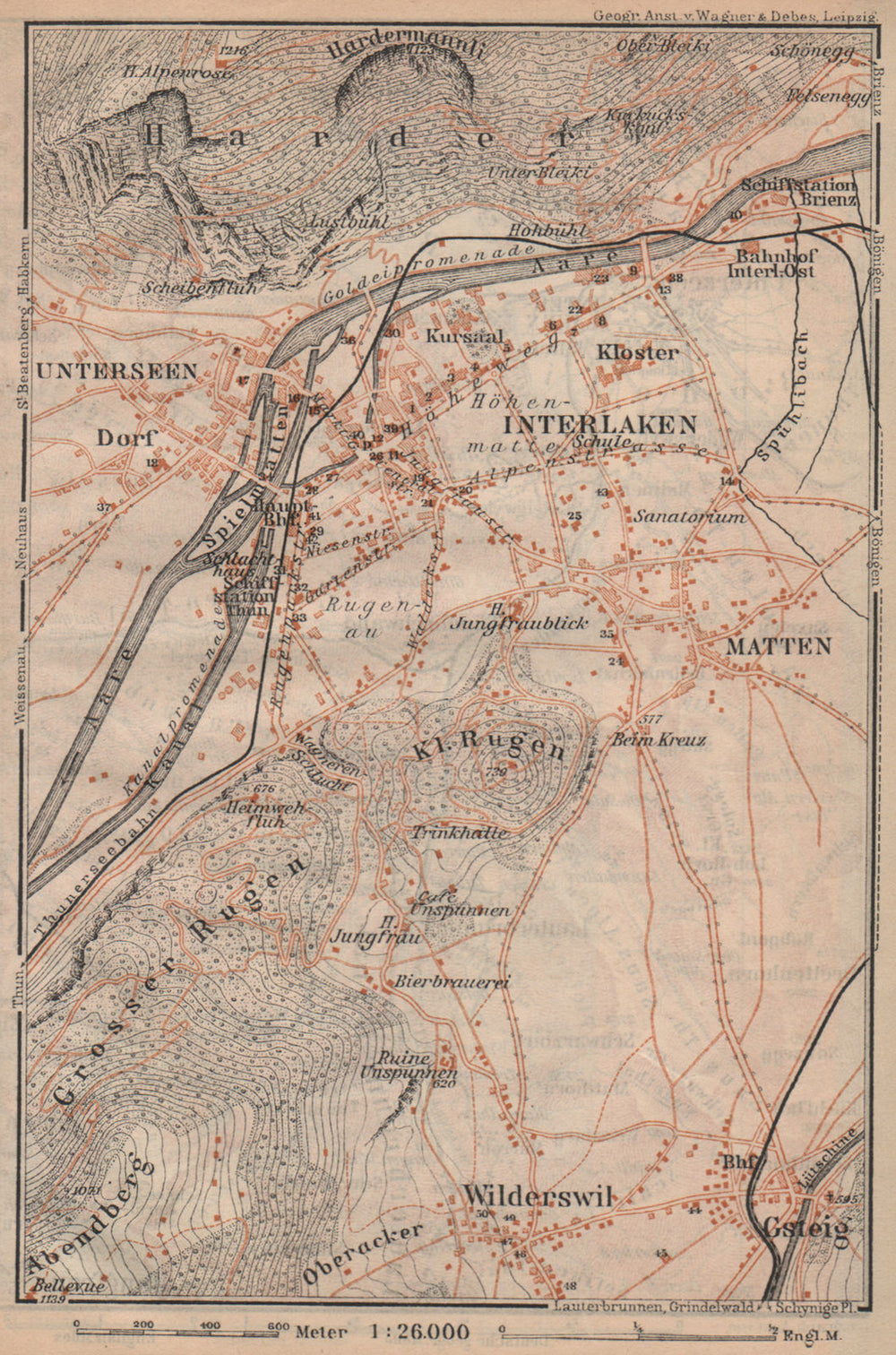 INTERLAKEN ENVIRONS. Unterseen Matten Aarmuhle Wilderswyl. Schweiz 1905 map