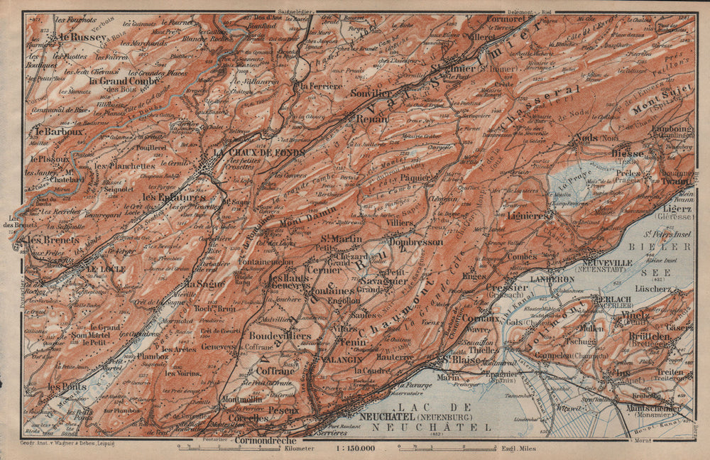 NORTH WEST JURA. Neuchâtel La Chaux de Fonds Neuveville. Topo-map 1905 old