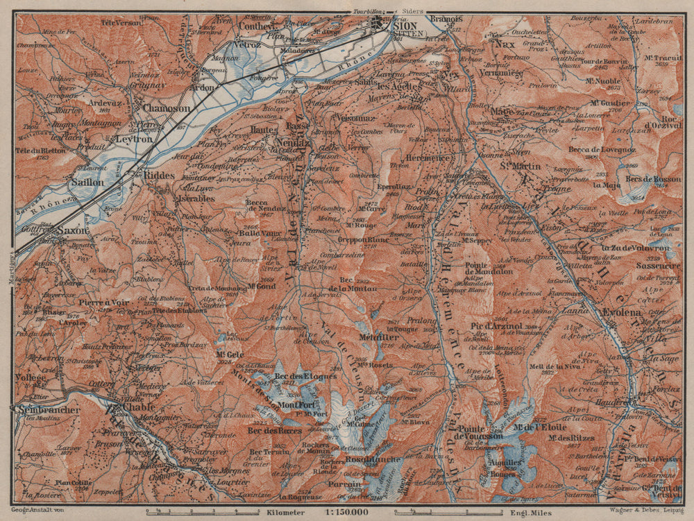 Area south of SION. Verbier Riddes Nendaz Veysonnaz Hérens Entremont 1905 map