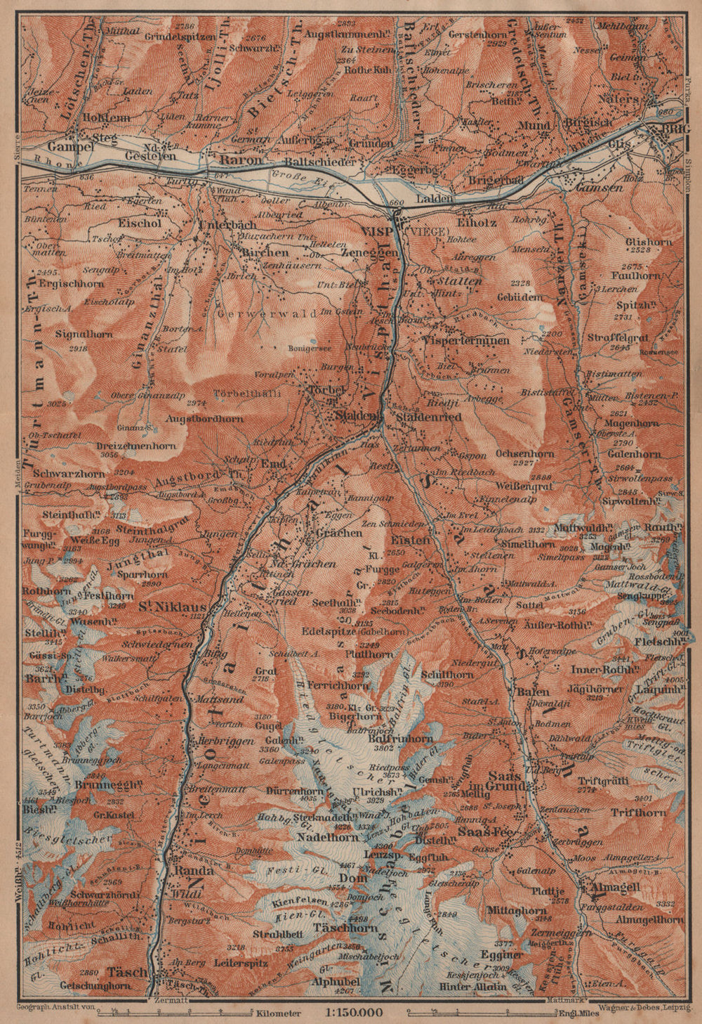 STALDEN/SAAS-FEE AREA. Mischabel Group Grächen Dom Raron Randa Visp 1905 map