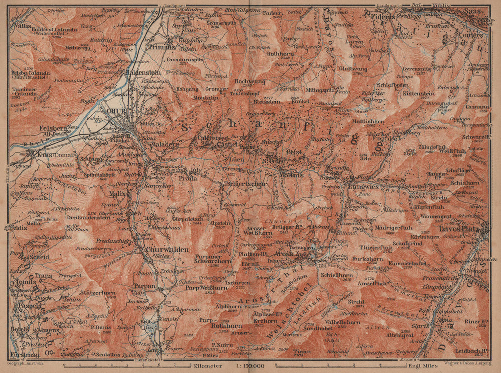 COIRE/CHUR SCHANFIGG AROSA ENVIRONS. Davos Klosters Lenzheide Trimnns 1905 map