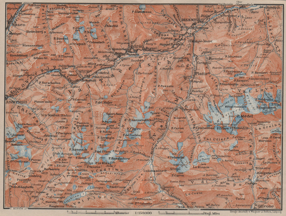 VAL TAVETSCH/MEDEL. Andermatt Disentis Sedrun Wassen Piz Medel. Topo-map 1905