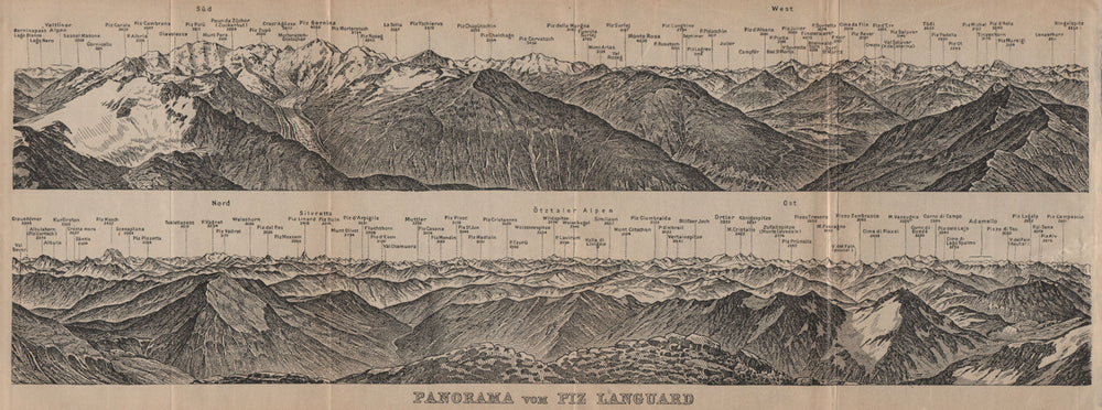 PIZ LANGUARD PANORAMA. Bernina Roseg Monte Rosa Mont Blanc Cristallo 1905 map