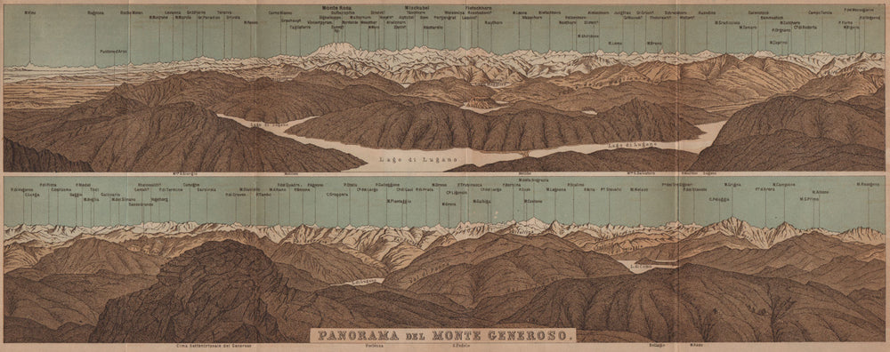 MONTE GENEROSO PANORAMA. Lugano Como Maggiore Rosa Mischabel Disgrazia 1905 map
