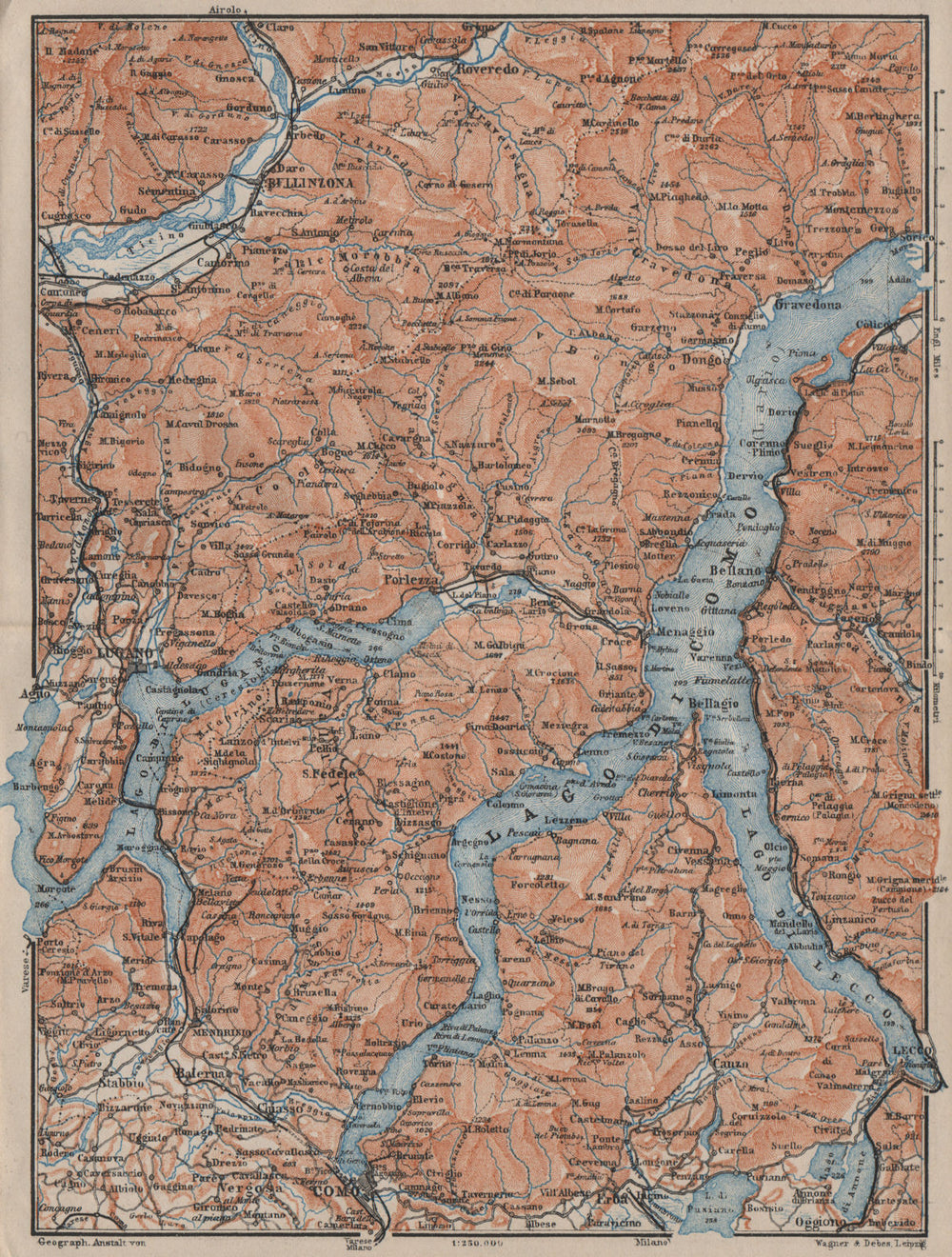 LAKES/LAGO DI COMO & LUGANO. Lecco Bellinzona. Topo-map. Italy mappa 1905