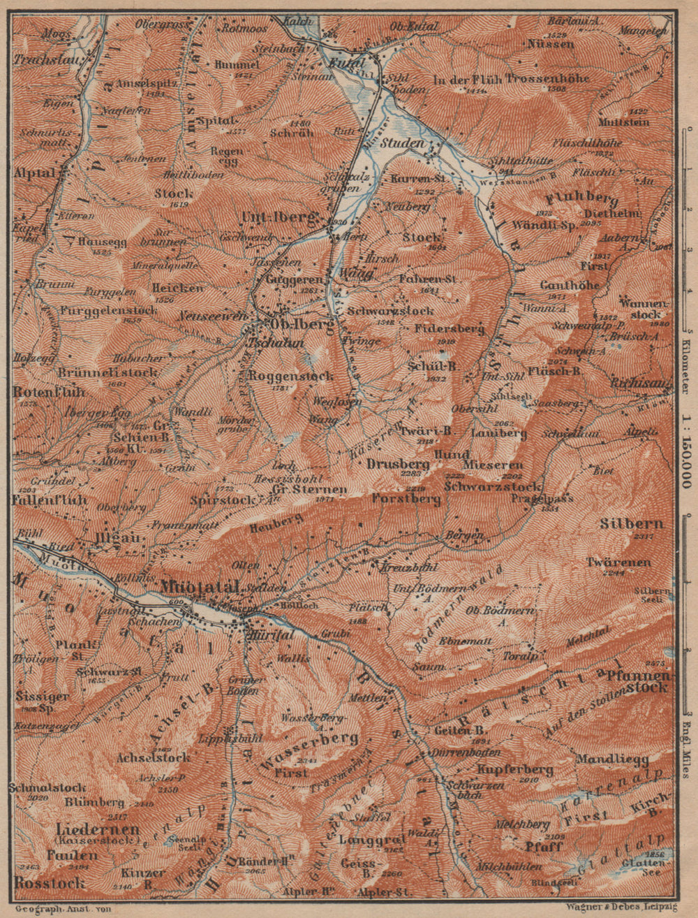 MUOTATHAL PRAGEL & SIHLTAL. Silbern Liedernen (Kaiserstock) Iberg 1907 old map