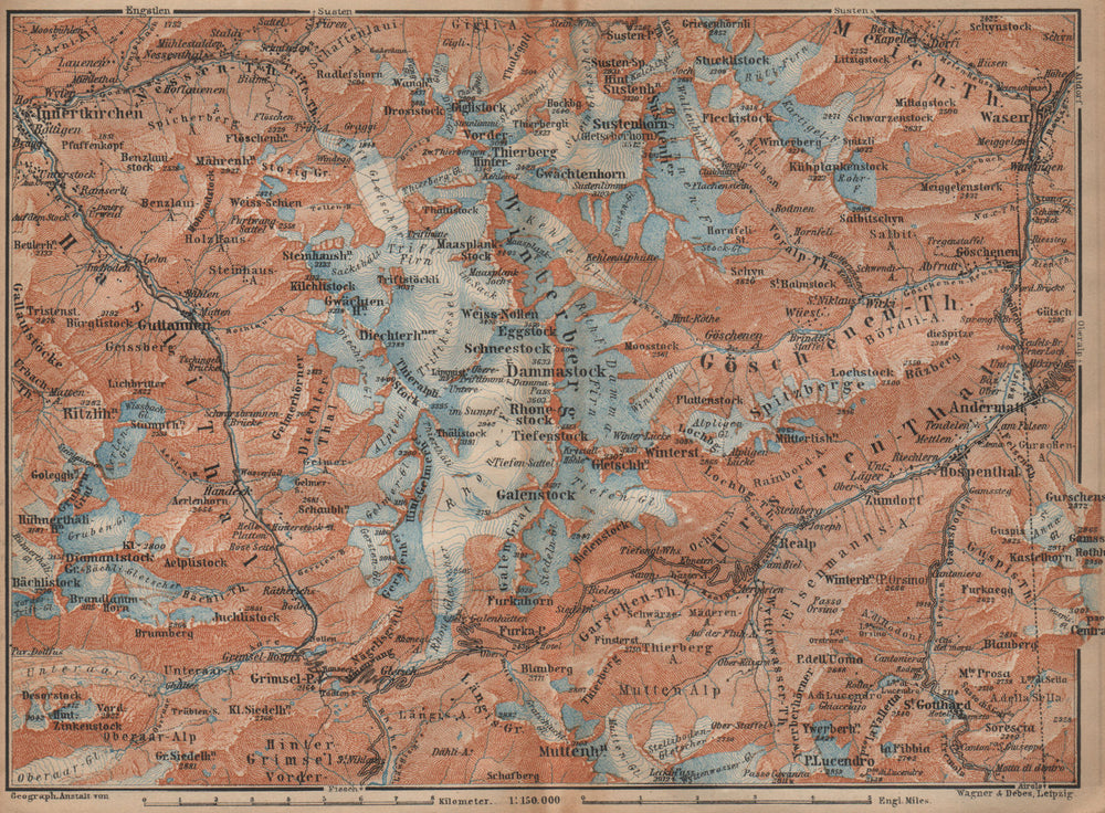 URNER/URI ALPS. Trift district. Andermatt Innertkirchen Dammastock 1907 map