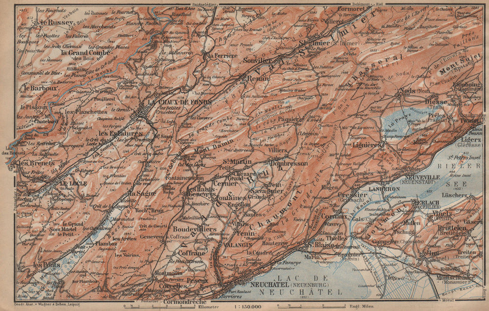 NORTH WEST JURA. Neuchâtel La Chaux de Fonds Neuveville. Topo-map 1907 old