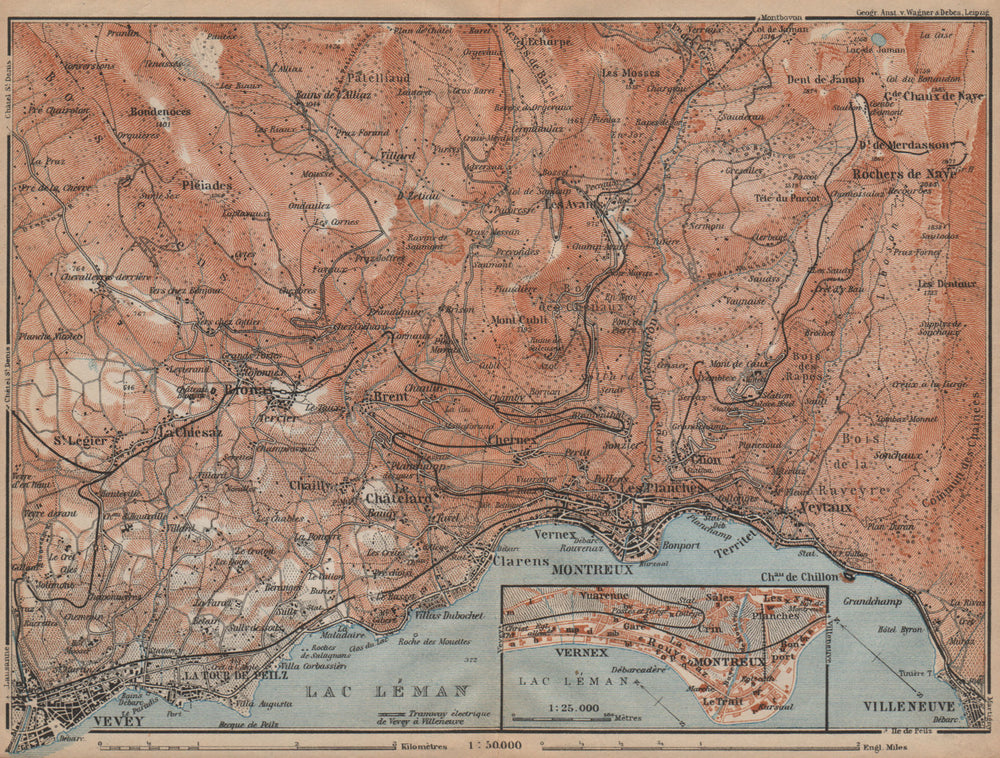 MONTREAUX AREA. Vevey Villneuve. Topo-map. Switzerland Suisse Schweiz 1907